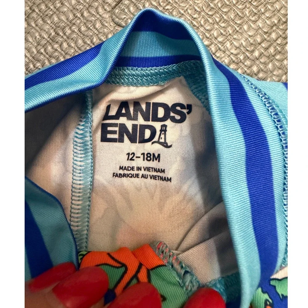 Lands End Baby Boys Dinosaur Rash Guard Swimsuit One Piece Blue 12-18M Snaps